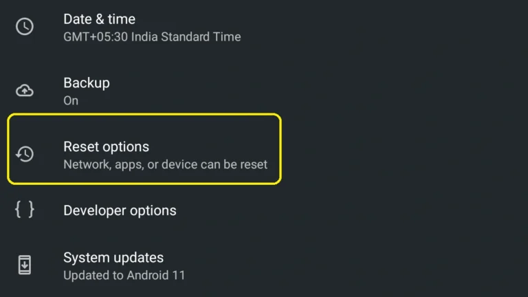 The 'Reset Options' menu.