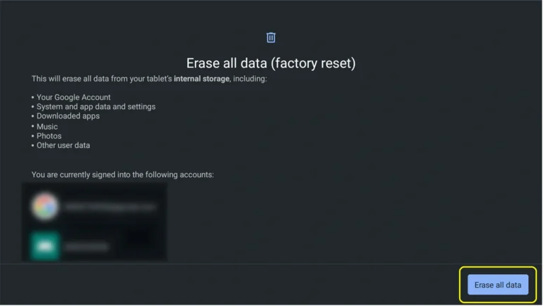 A confirmation screen before erasing all data.