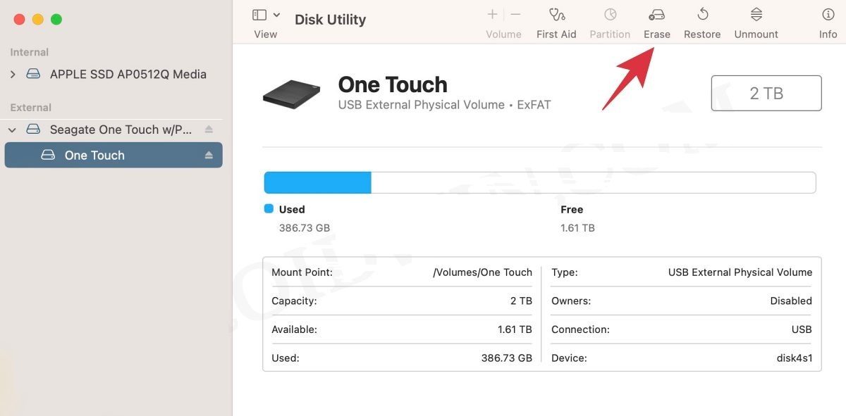 Screenshot of Disk Utility, with the 'Erase' tab selected.