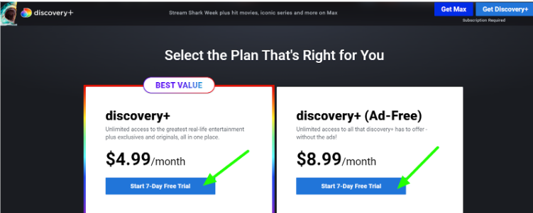 Discovery Plus Website & Click Start 7-day Free Trial