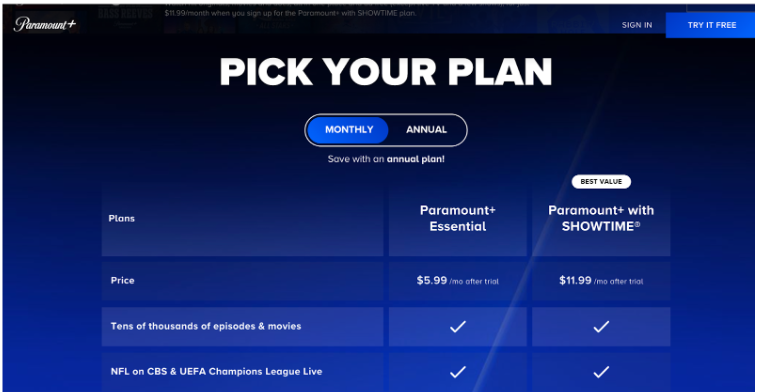 Paramount Plus - Subscription Plans