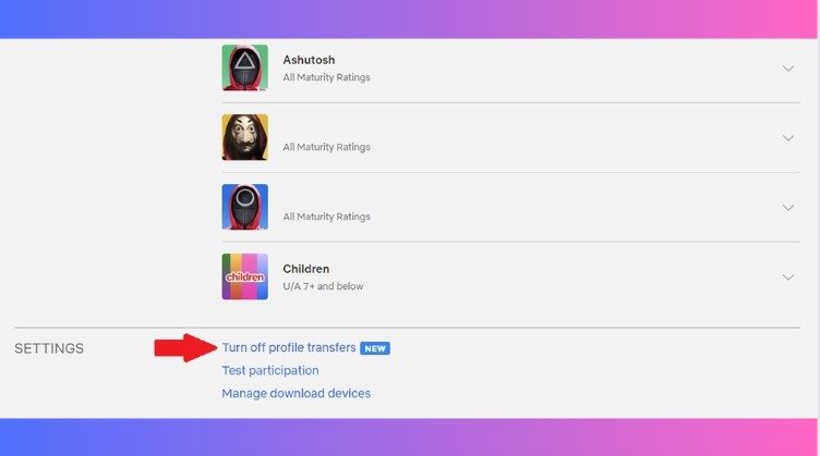 Netflix Profile Transfers option under Settings