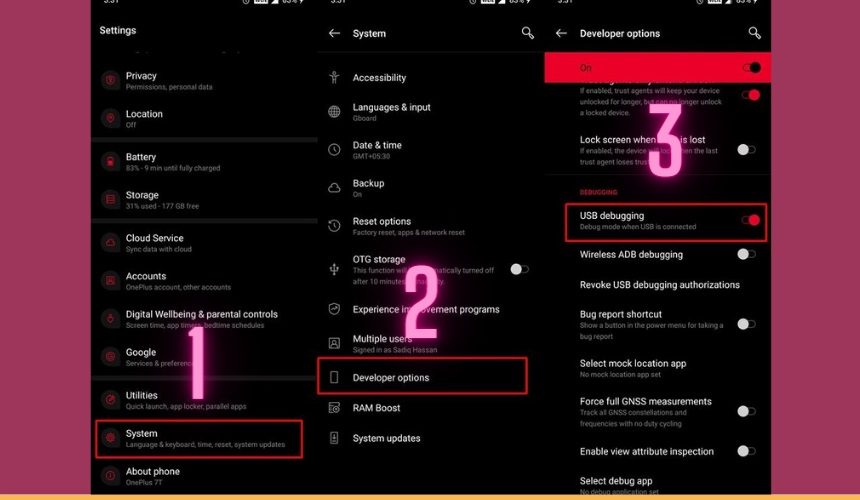 Screenshot of the Developer Options menu, showing USB Debugging and OEM Unlocking enabled.