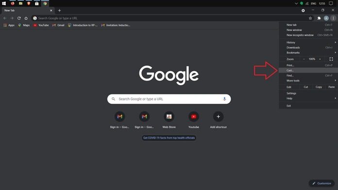 Screenshot of the Google Chrome menu bar on a laptop, with the 'Cast' option highlighted