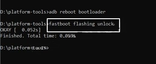 Screenshot of a command prompt window showing the 'fastboot flashing unlock' command.