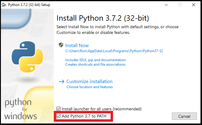 Add Python to Path option.