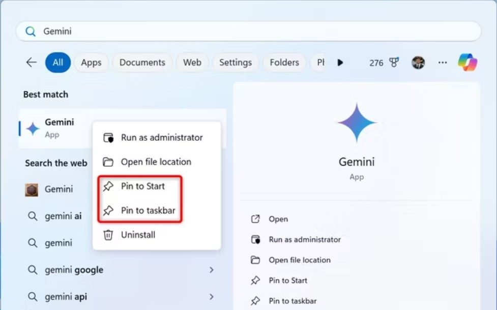 Pin Gemini to the Start Menu