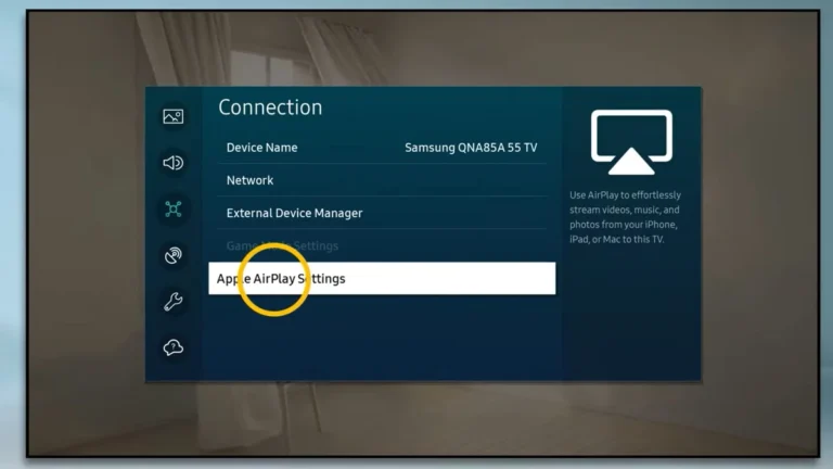 Samsung TV settings menu showing the AirPlay toggle.