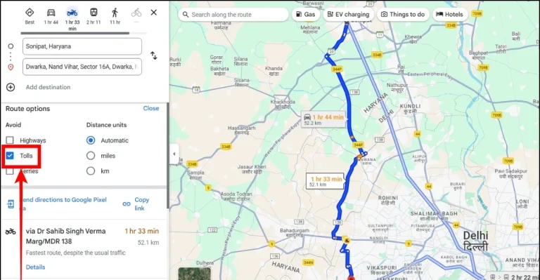 Tolls in the Avoid section.