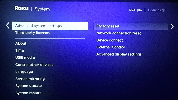 Factory Reset of the Roku TV