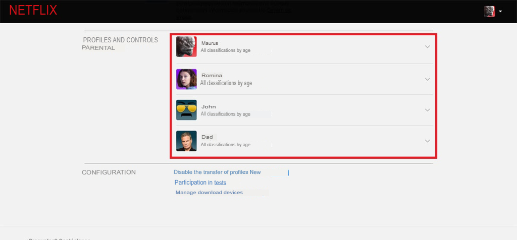 Profiles and Parental Controls section on Netflix account settings
