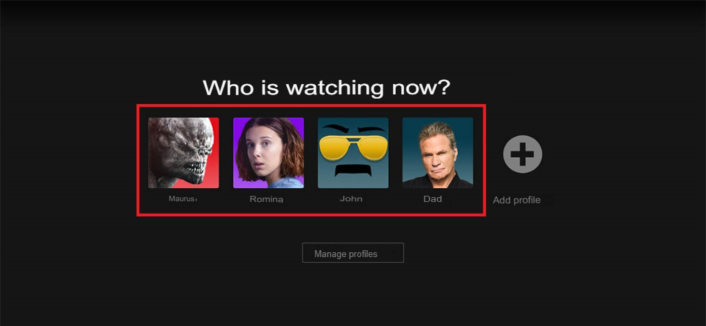 Netflix login screen with option to select user profile